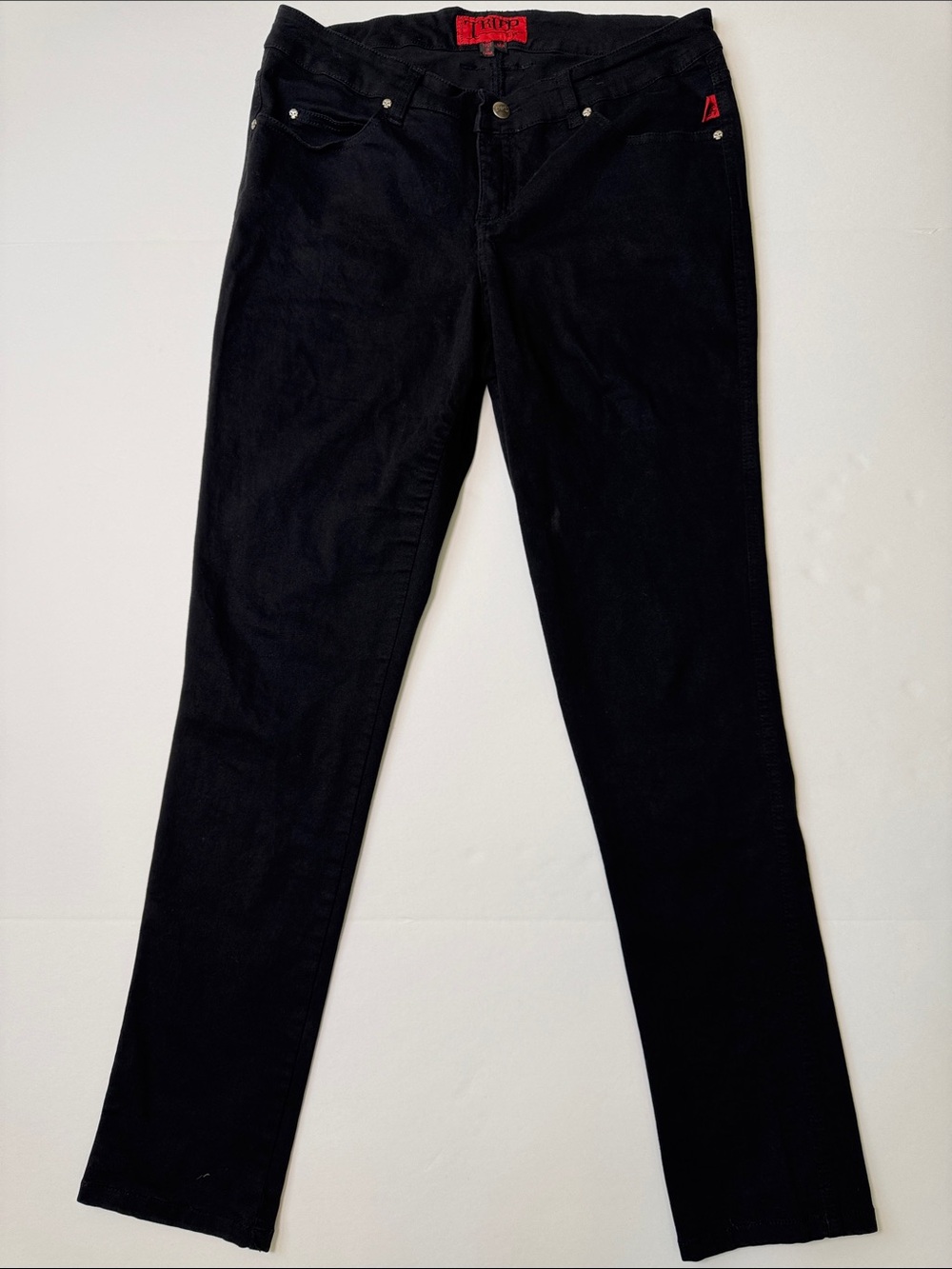 TRIPP NYC Black Slim Straight Jeans Cross Pockets Red Logo Skull Accent 14R 31
